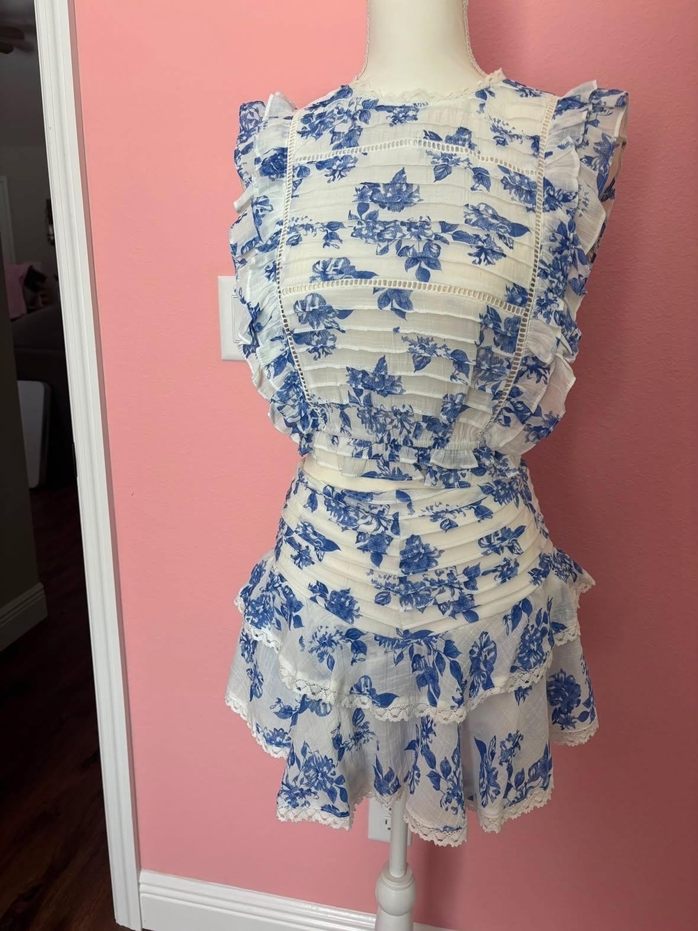 Blue and White Floral Ruffled Two-Piece Set